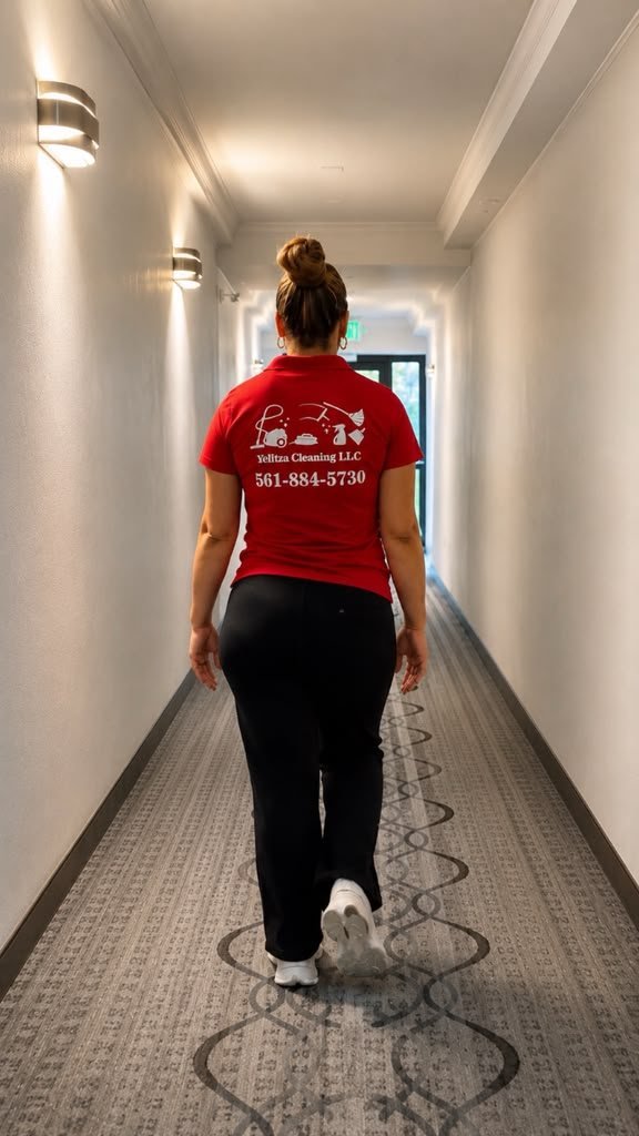 A Yelitza Cleaning team member in the company's red branded polo walking down a bright residential corridor on the way to a job